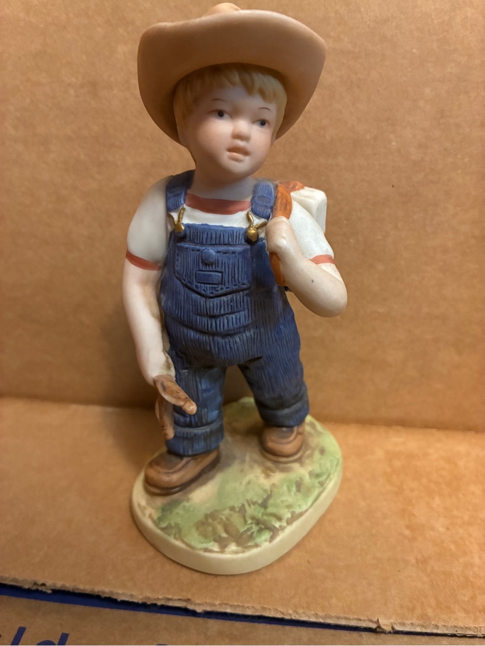 Denim Days Danny Porcelain Boy Figurine school days in Blue Overalls and Tan Hat